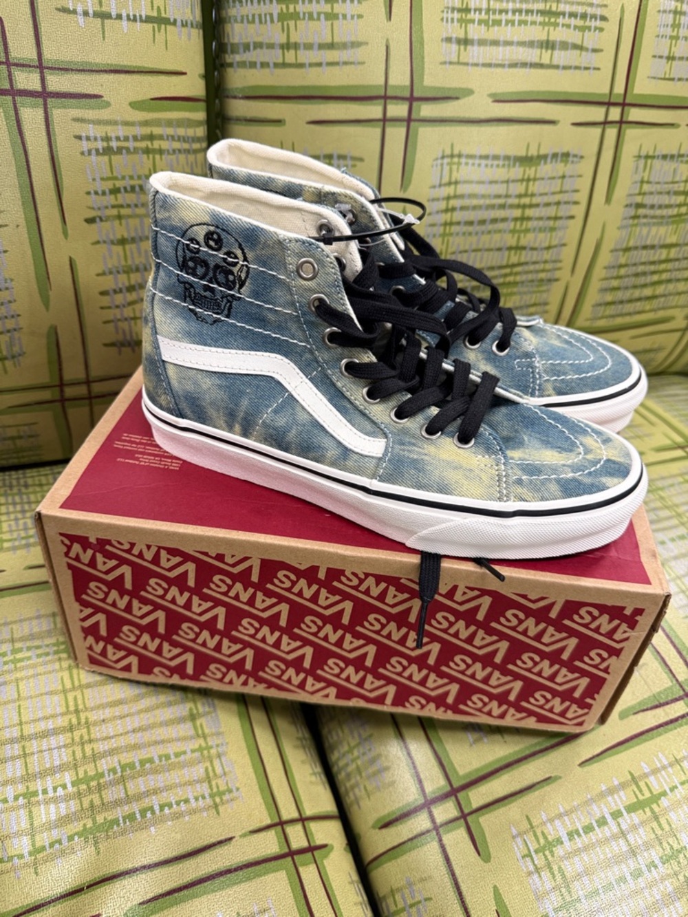 Vans High Top Sneakers in Distressed Light Blue and White with Black Laces